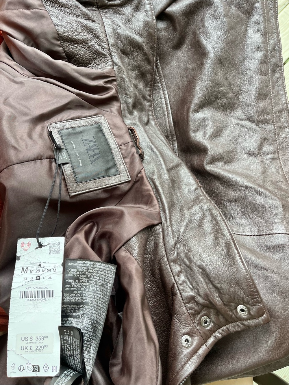 Zara 100% Leather Bomber Jacket High Neck Long Sleeves Cuffs Brown Medium NEW - Picture 16 of 16